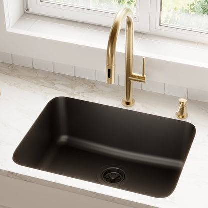 24-1/8" Seamless Undermount Single Bowl Quartz Composite Kitchen Sink In Black