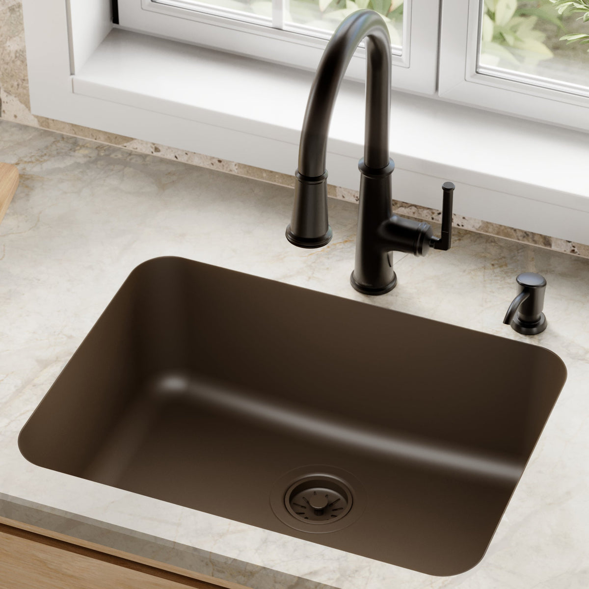 24-1/8" Seamless Undermount Single Bowl Quartz Composite Kitchen Sink In Brown