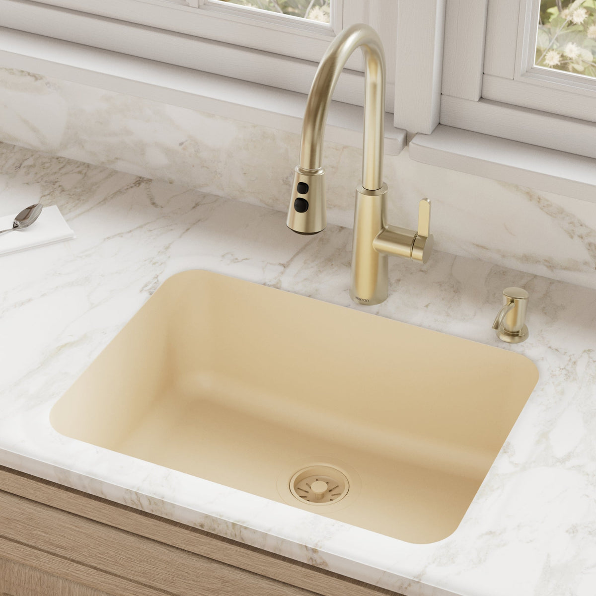 24-1/8" Seamless Undermount Single Bowl Quartz Composite Kitchen Sink In Bisque