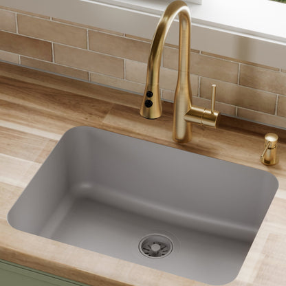 24-1/8" Seamless Undermount Single Bowl Quartz Composite Kitchen Sink In Grey
