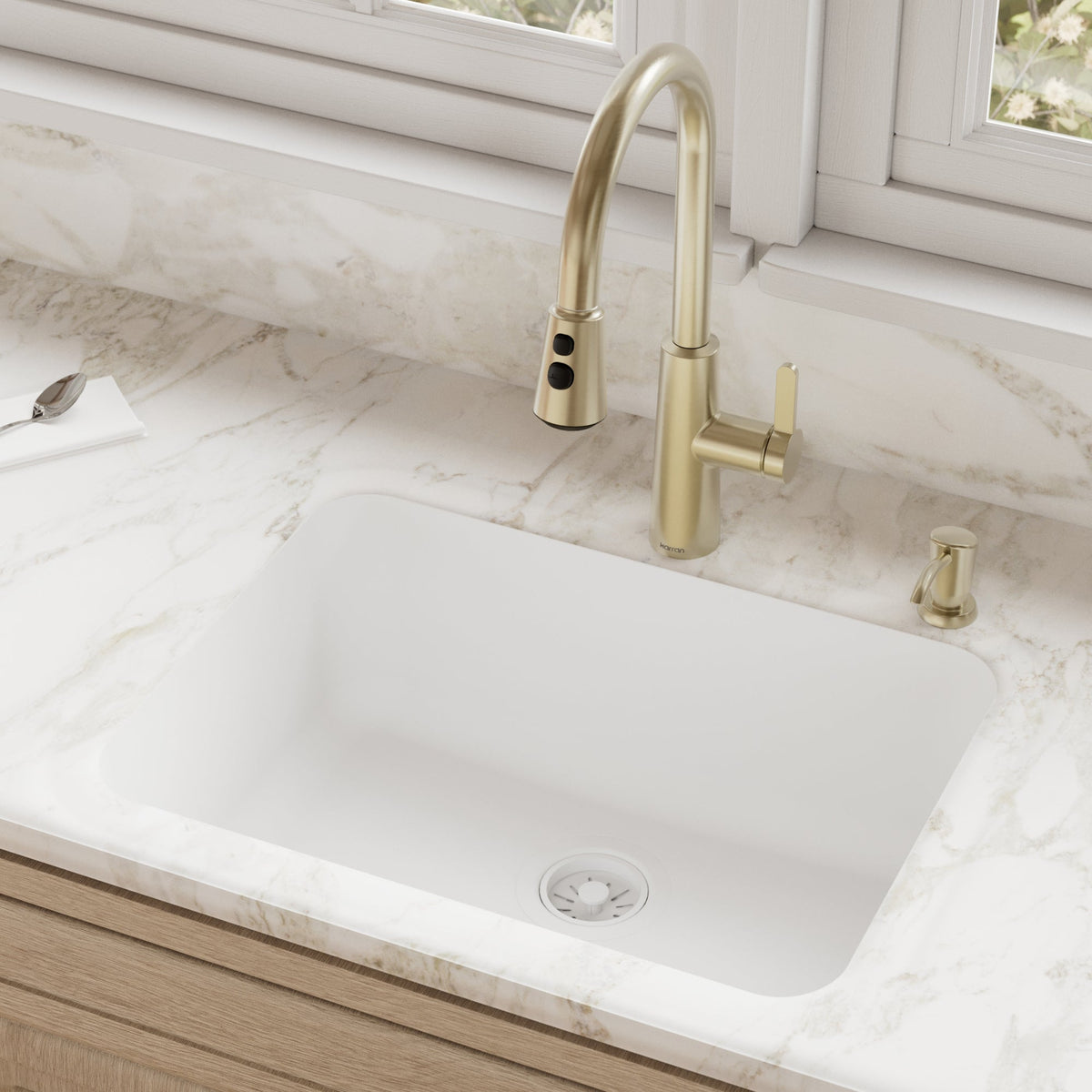 24-1/8" Seamless Undermount Single Bowl Quartz Composite Kitchen Sink In White