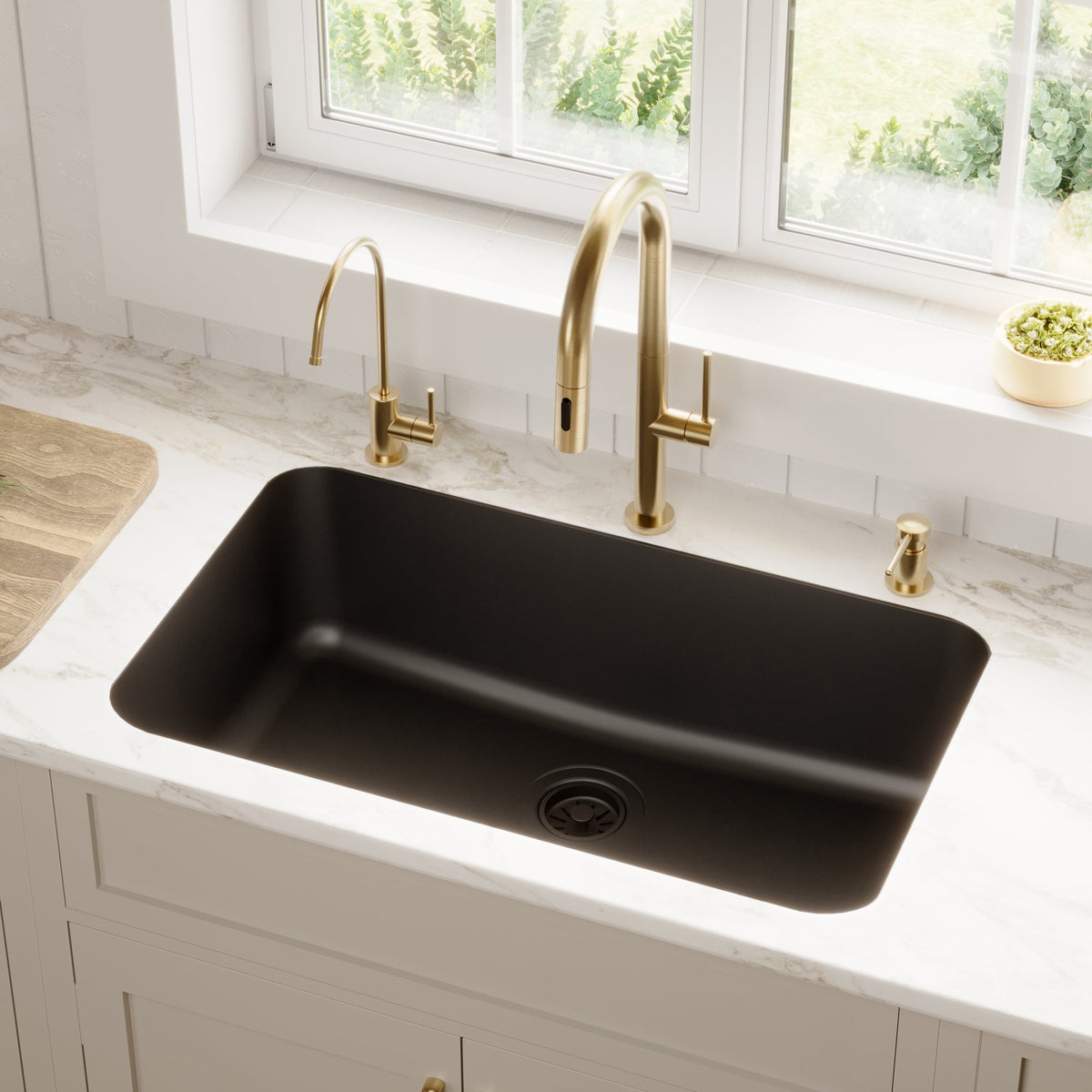 30-7/8" Seamless Undermount Large Single Bowl Quartz Composite Kitchen Sink In Black