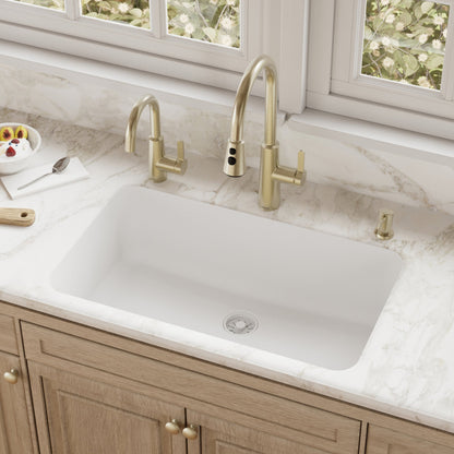 30-7/8" Seamless Undermount Large Single Bowl Quartz Composite Kitchen Sink In White