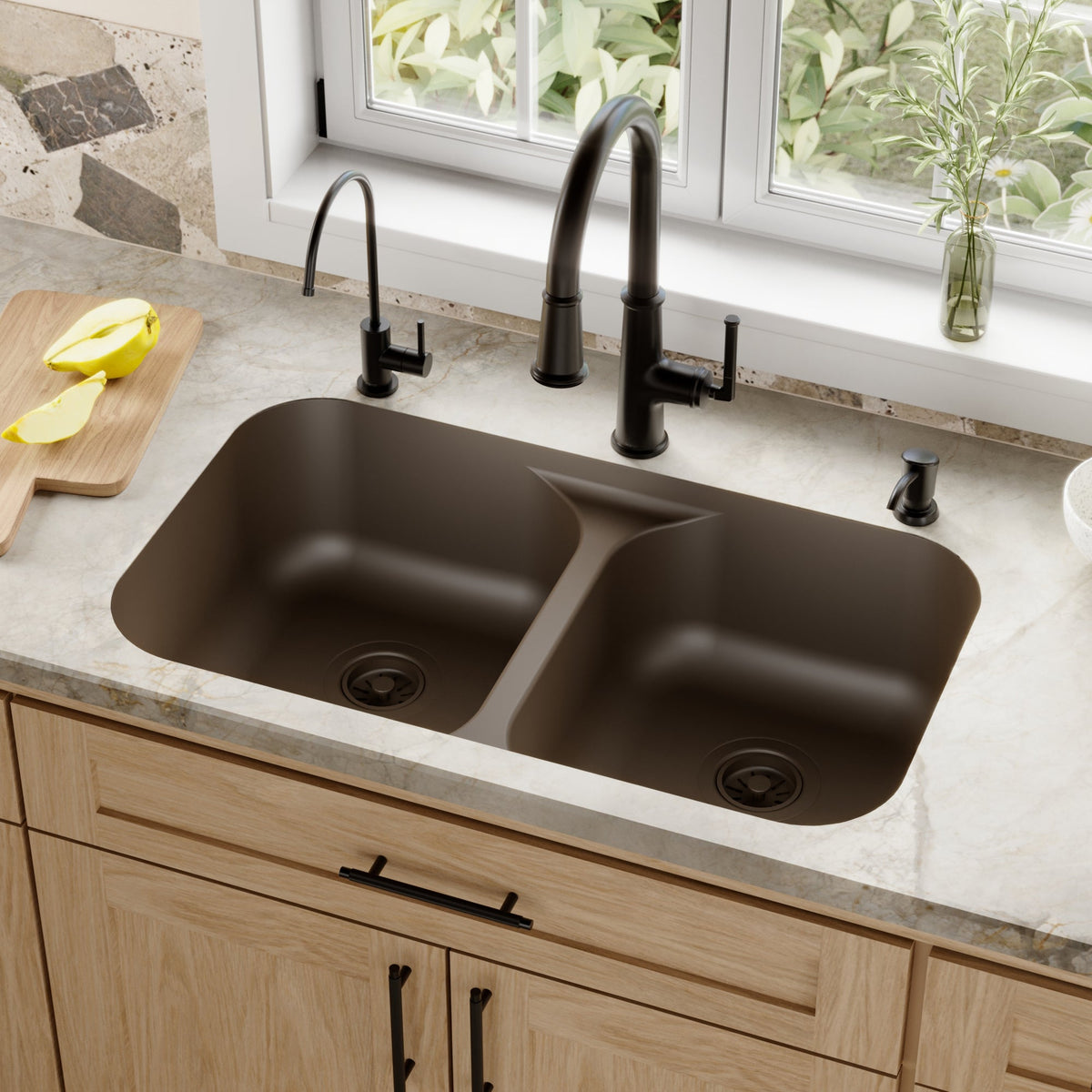 32-7/8" Seamless Undermount Doube Equal Bowl Quartz Composite Kitchen Sink In Brown