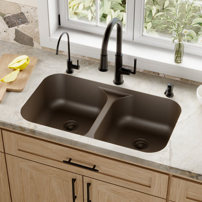 32-7/8" Seamless Undermount Doube Equal Bowl Quartz Composite Kitchen Sink In Brown
