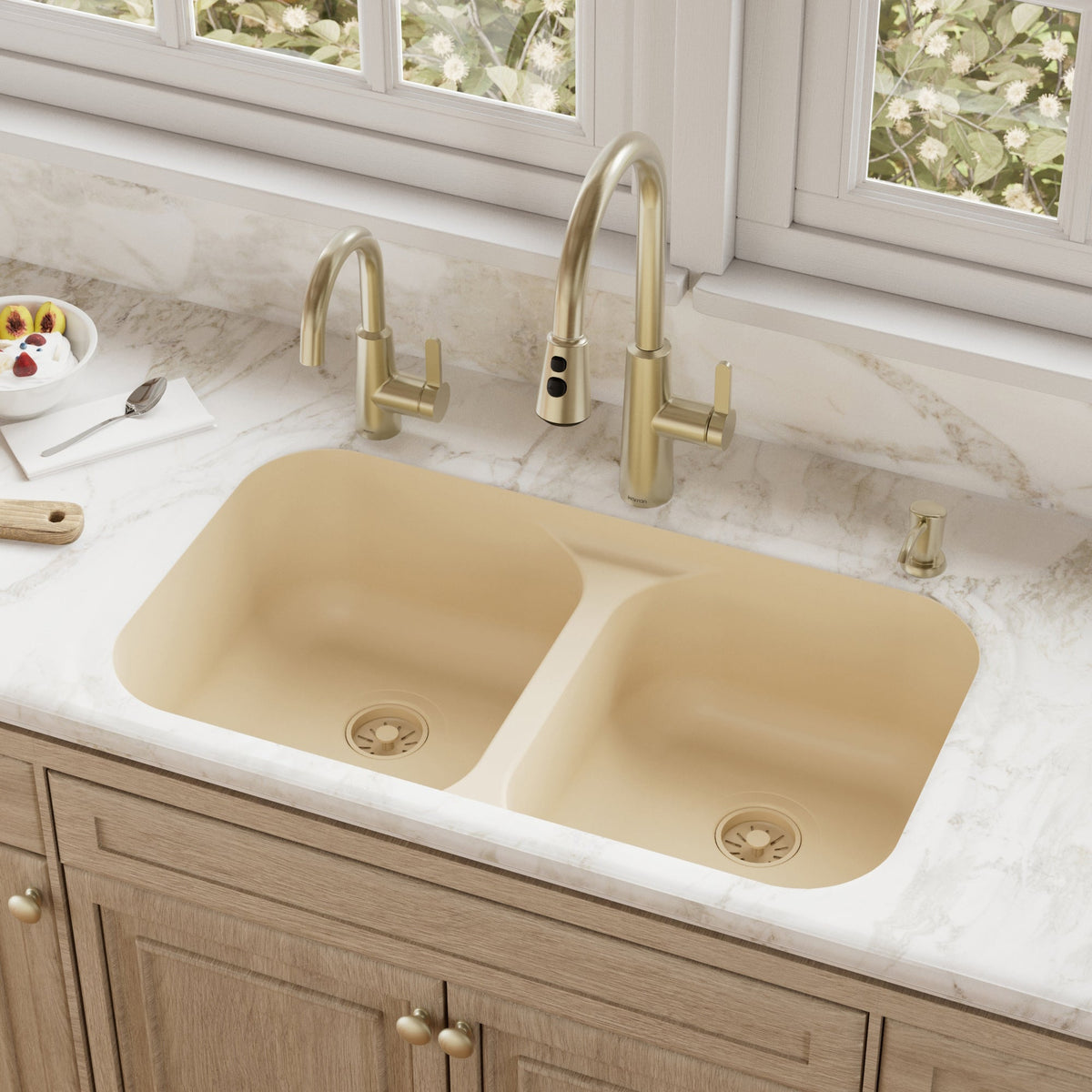 32-7/8" Seamless Undermount Doube Equal Bowl Quartz Composite Kitchen Sink In Bisque