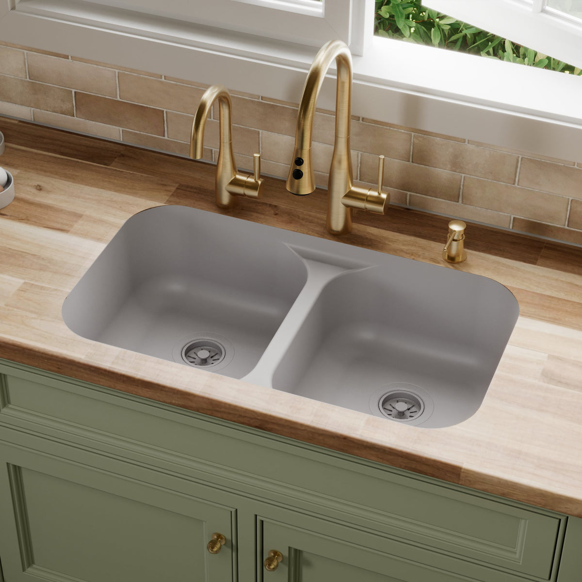 32-7/8" Seamless Undermount Doube Equal Bowl Quartz Composite Kitchen Sink In Grey
