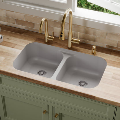 32-7/8" Seamless Undermount Doube Equal Bowl Quartz Composite Kitchen Sink In Grey