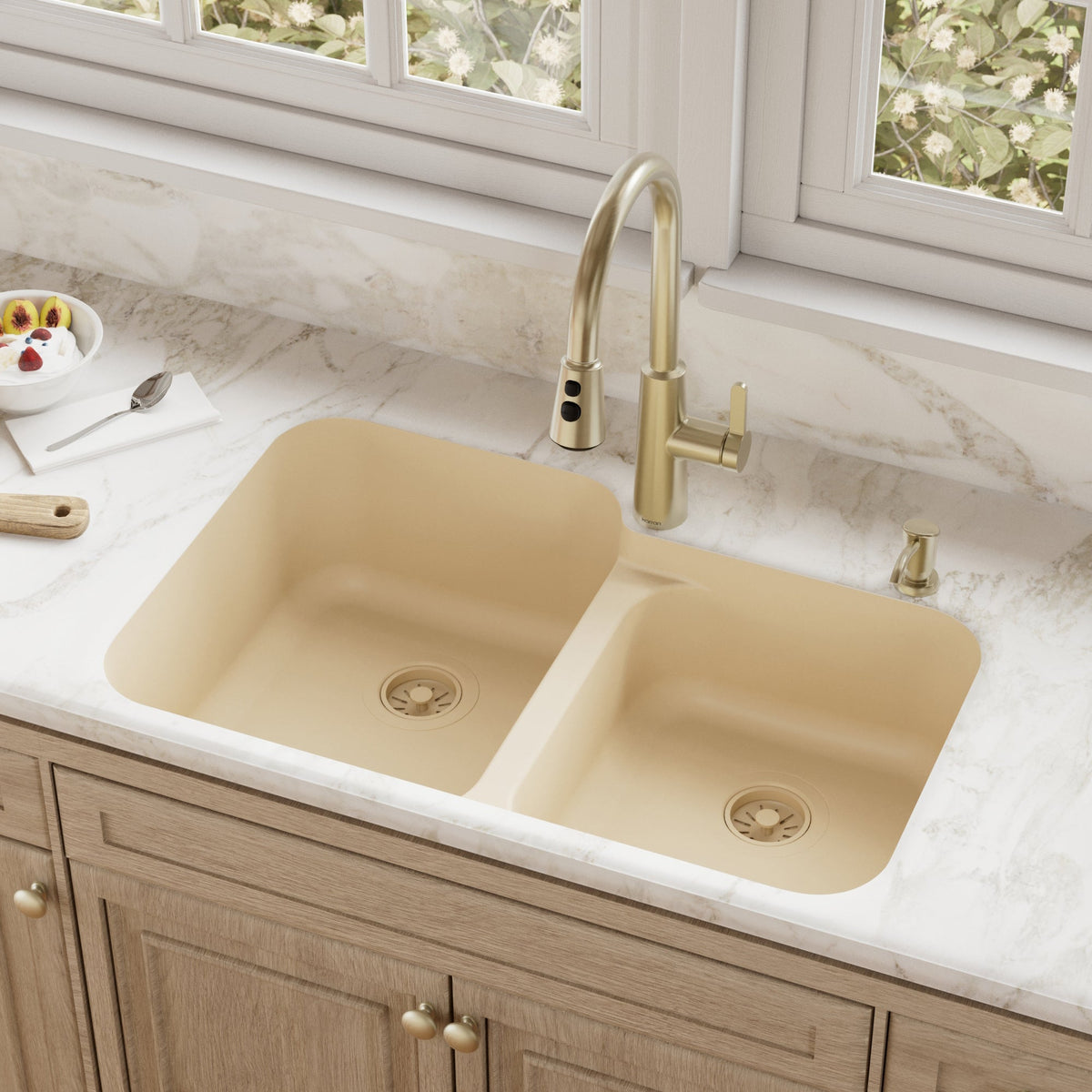 32-3/8" Seamless Undermount Double Offset Bowl Quartz Composite Kitchen Sink In Bisque