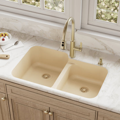 32-3/8" Seamless Undermount Double Offset Bowl Quartz Composite Kitchen Sink In Bisque