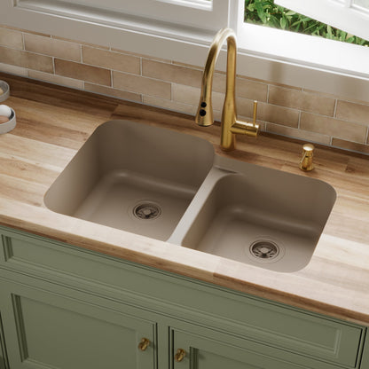 32-3/8" Seamless Undermount Double Offset Bowl Quartz Composite Kitchen Sink In Concrete