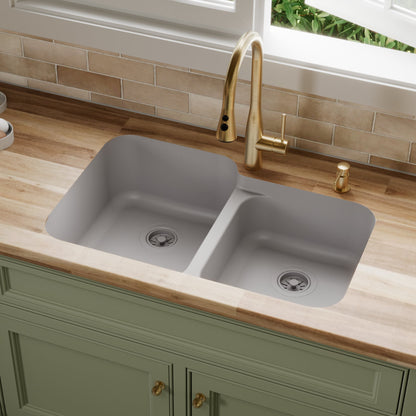 32-3/8" Seamless Undermount Double Offset Bowl Quartz Composite Kitchen Sink In Grey