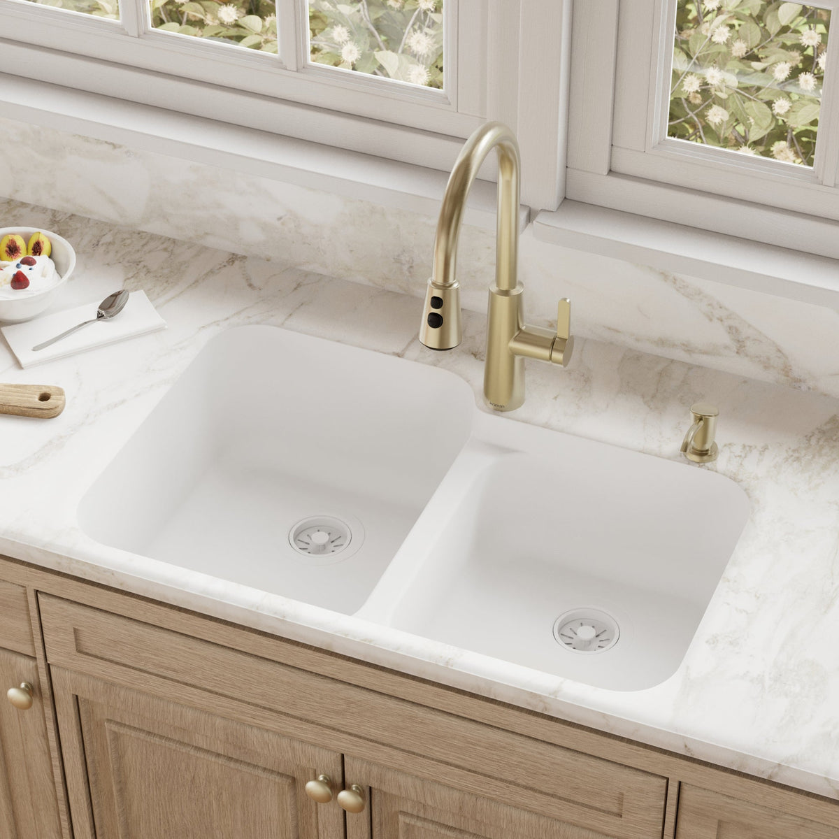 32-3/8" Seamless Undermount Double Offset Bowl Quartz Composite Kitchen Sink In White