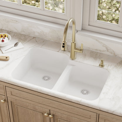 32-3/8" Seamless Undermount Double Offset Bowl Quartz Composite Kitchen Sink In White