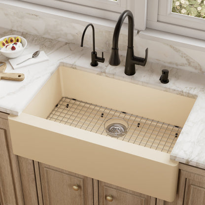 Farmhouse/Apron-Front Quartz Composite 34" Single Bowl Kitchen Sink Kit In Bisque