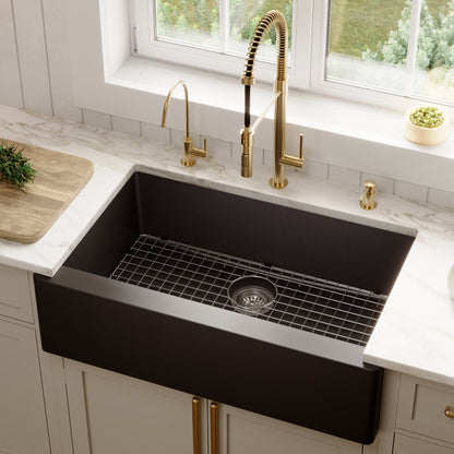 34" Farmhouse Large Single Bowl Quartz Composite Kitchen Sink Kit In Black