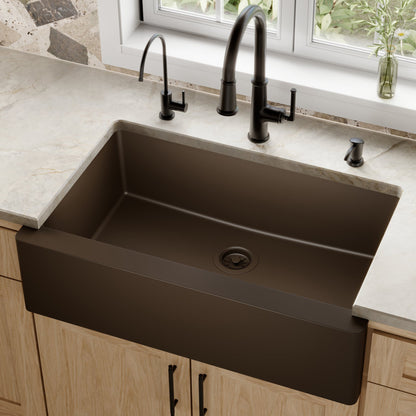 34" Farmhouse Large Single Bowl Quartz Composite Kitchen Sink In Brown