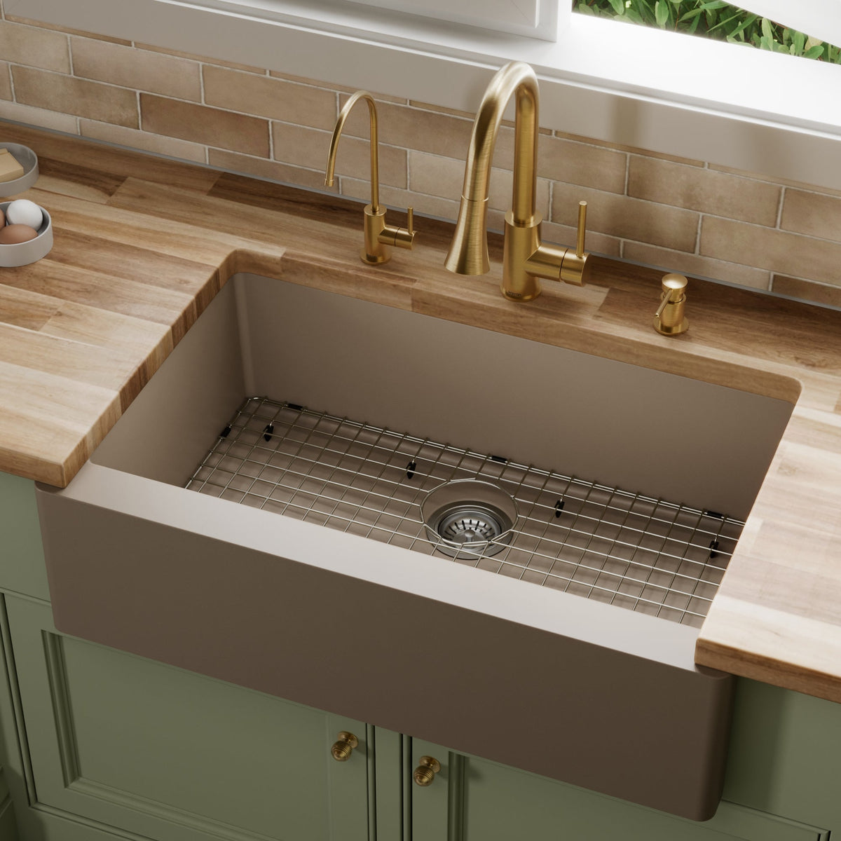 34" Farmhouse Large Single Bowl Quartz Composite Kitchen Sink Kit In Concrete