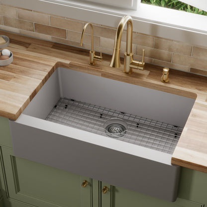 34" Farmhouse Large Single Bowl Quartz Composite Kitchen Sink Kit In Grey