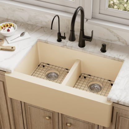 34" Farmhouse Double Equal Bowl Quartz Composite Kitchen Sink Kit In Bisque