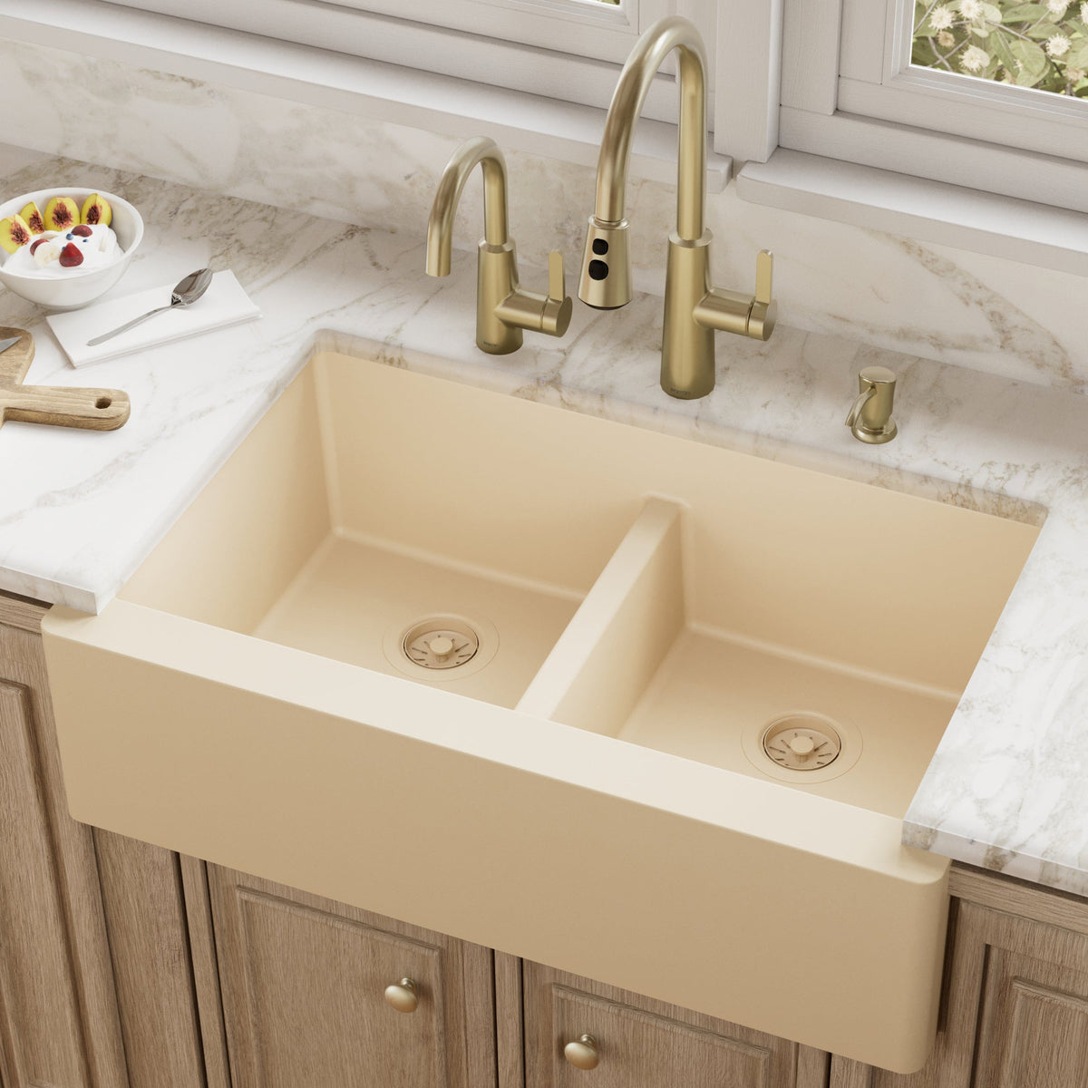34" Farmhouse Double Equal Bowl Quartz Composite Kitchen Sink In Bisque