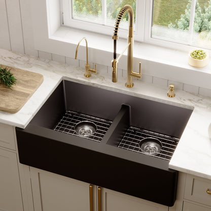 34" Farmhouse Double Equal Bowl Quartz Composite Kitchen Sink Kit In Black