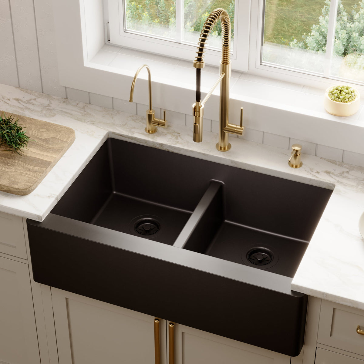 34" Farmhouse Double Equal Bowl Quartz Composite Kitchen Sink In Black