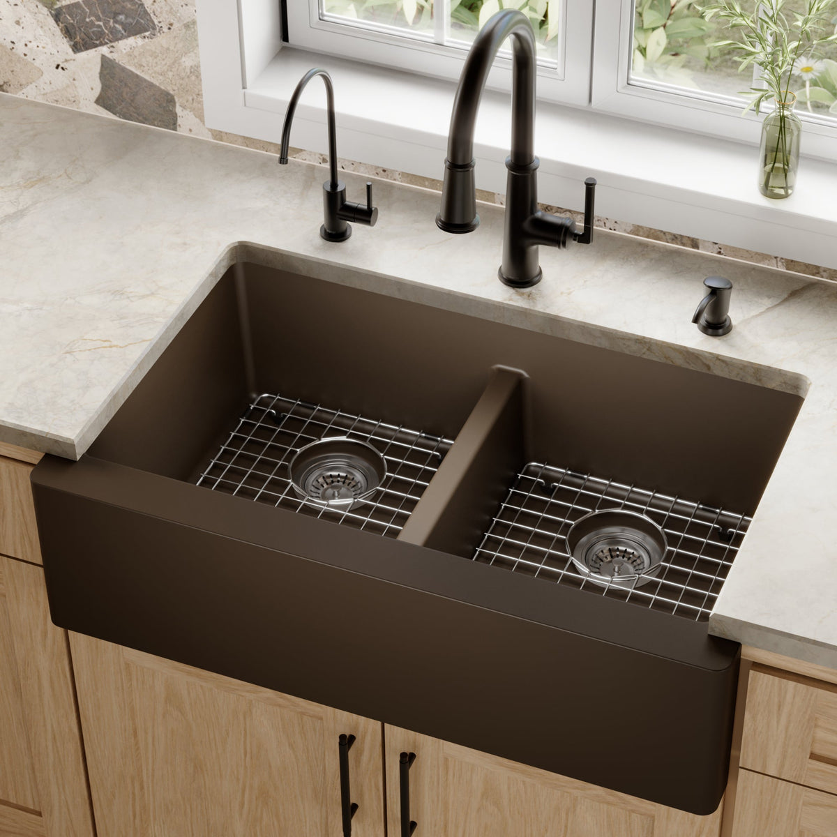 34" Farmhouse Double Equal Bowl Quartz Composite Kitchen Sink Kit In Brown