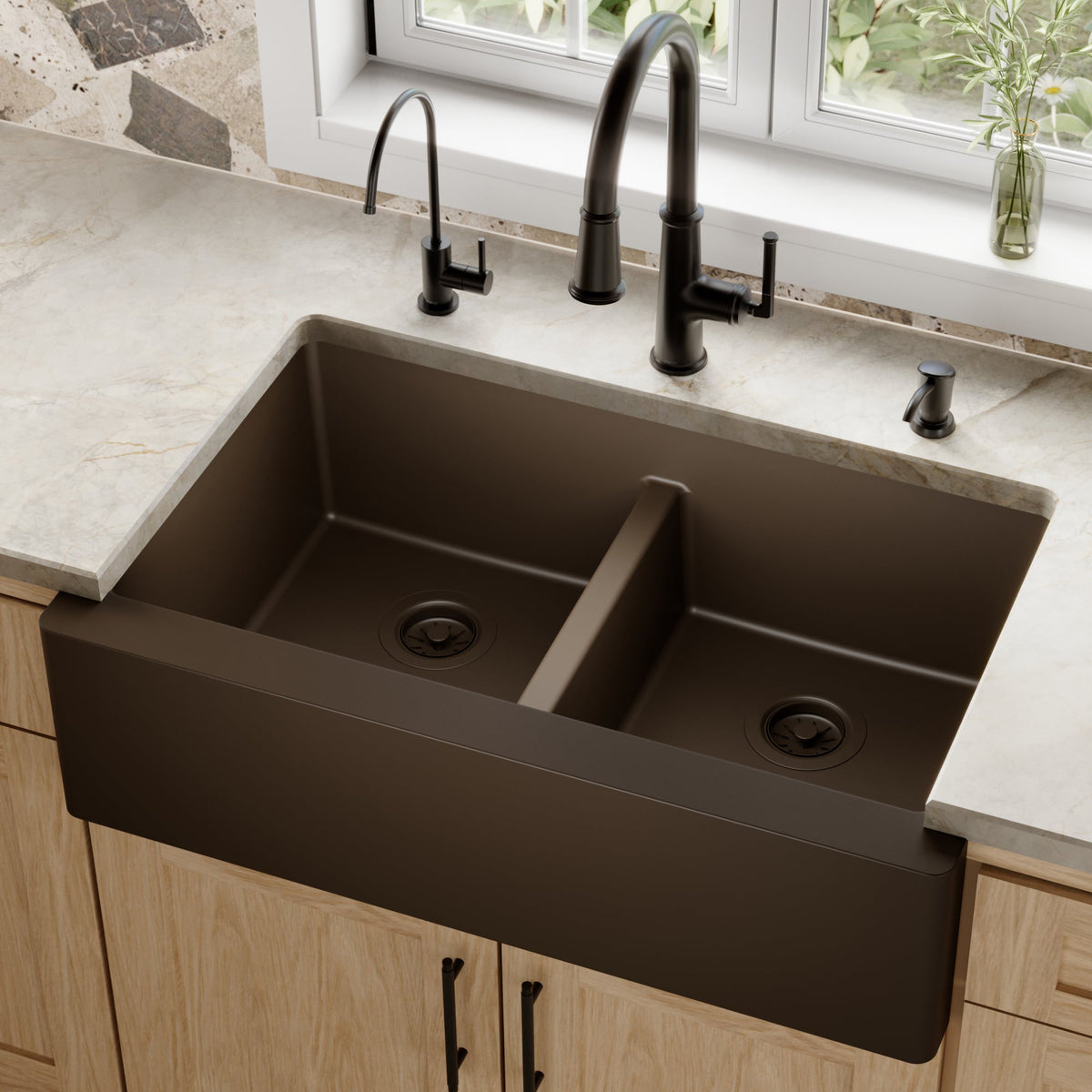 34" Farmhouse Double Equal Bowl Quartz Composite Kitchen Sink In Brown