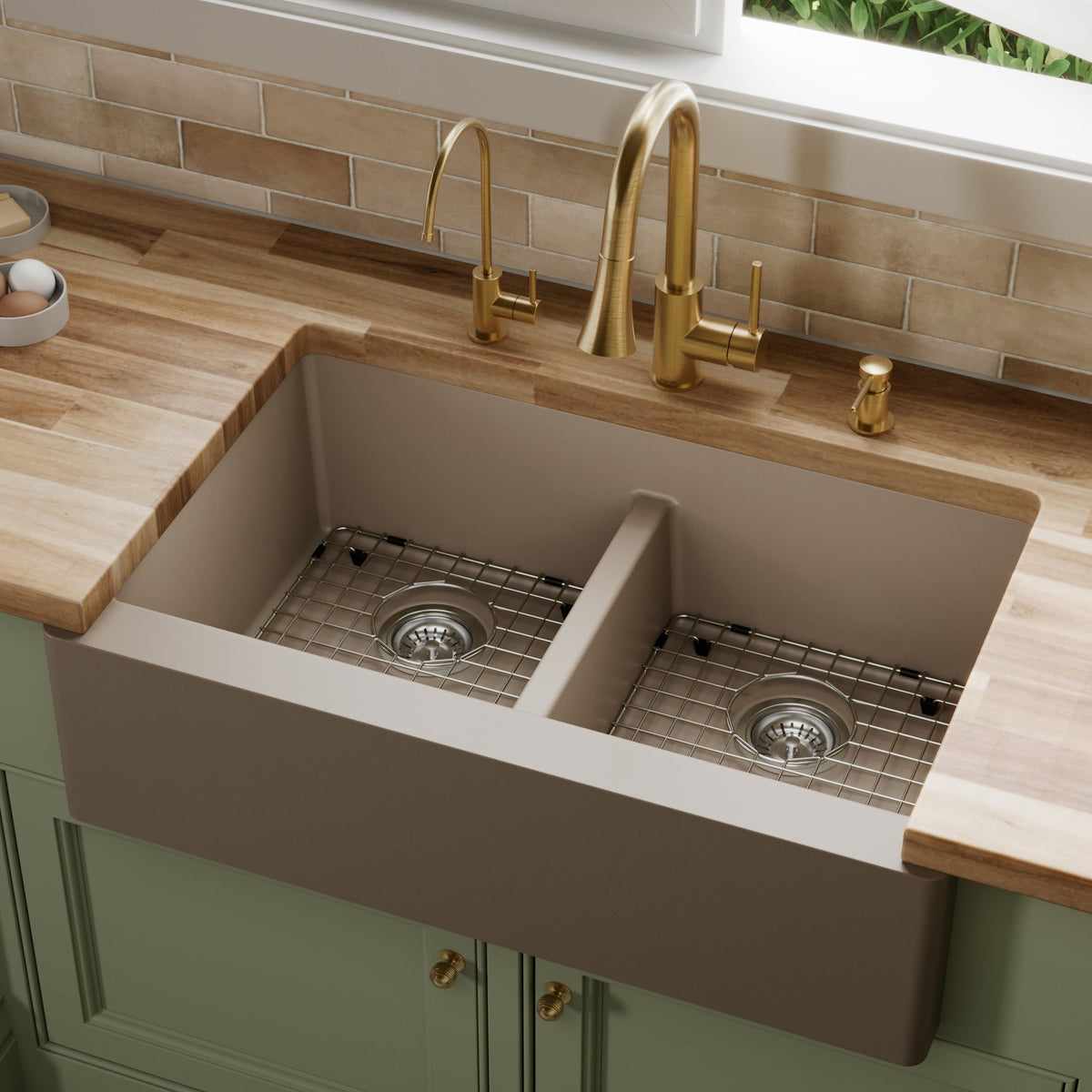 34" Farmhouse Double Equal Bowl Quartz Composite Kitchen Sink Kit In Concrete