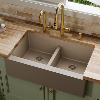 34" Farmhouse Double Equal Bowl Quartz Composite Kitchen Sink In Concrete