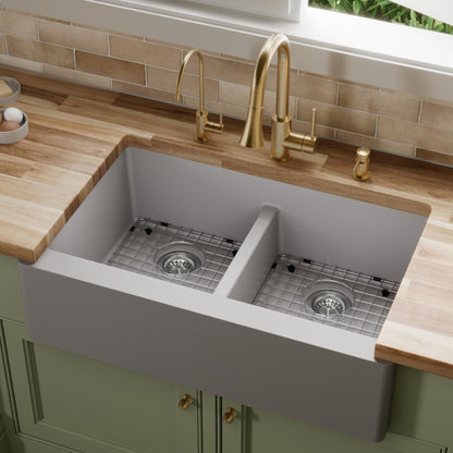 34" Farmhouse Double Equal Bowl Quartz Composite Kitchen Sink Kit In Grey