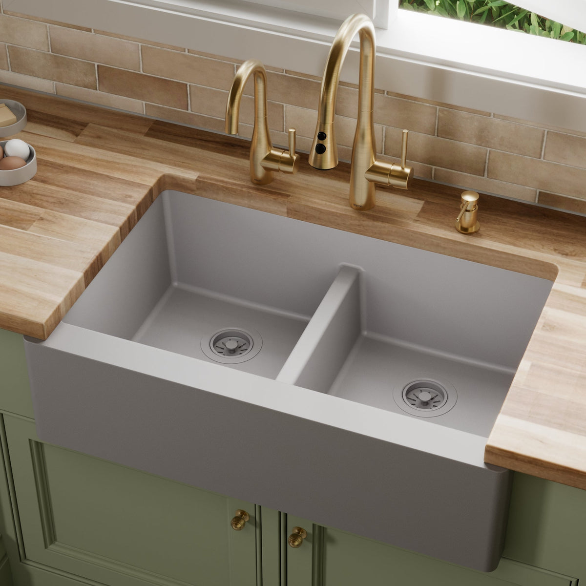 34" Farmhouse Double Equal Bowl Quartz Composite Kitchen Sink In Grey