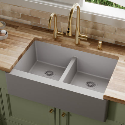 34" Farmhouse Double Equal Bowl Quartz Composite Kitchen Sink In Grey