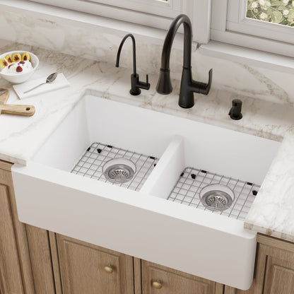 34" Farmhouse Double Equal Bowl Quartz Composite Kitchen Sink Kit In White