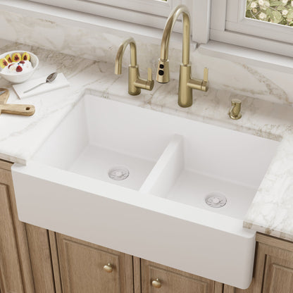 34" Farmhouse Double Equal Bowl Quartz Composite Kitchen Sink In White