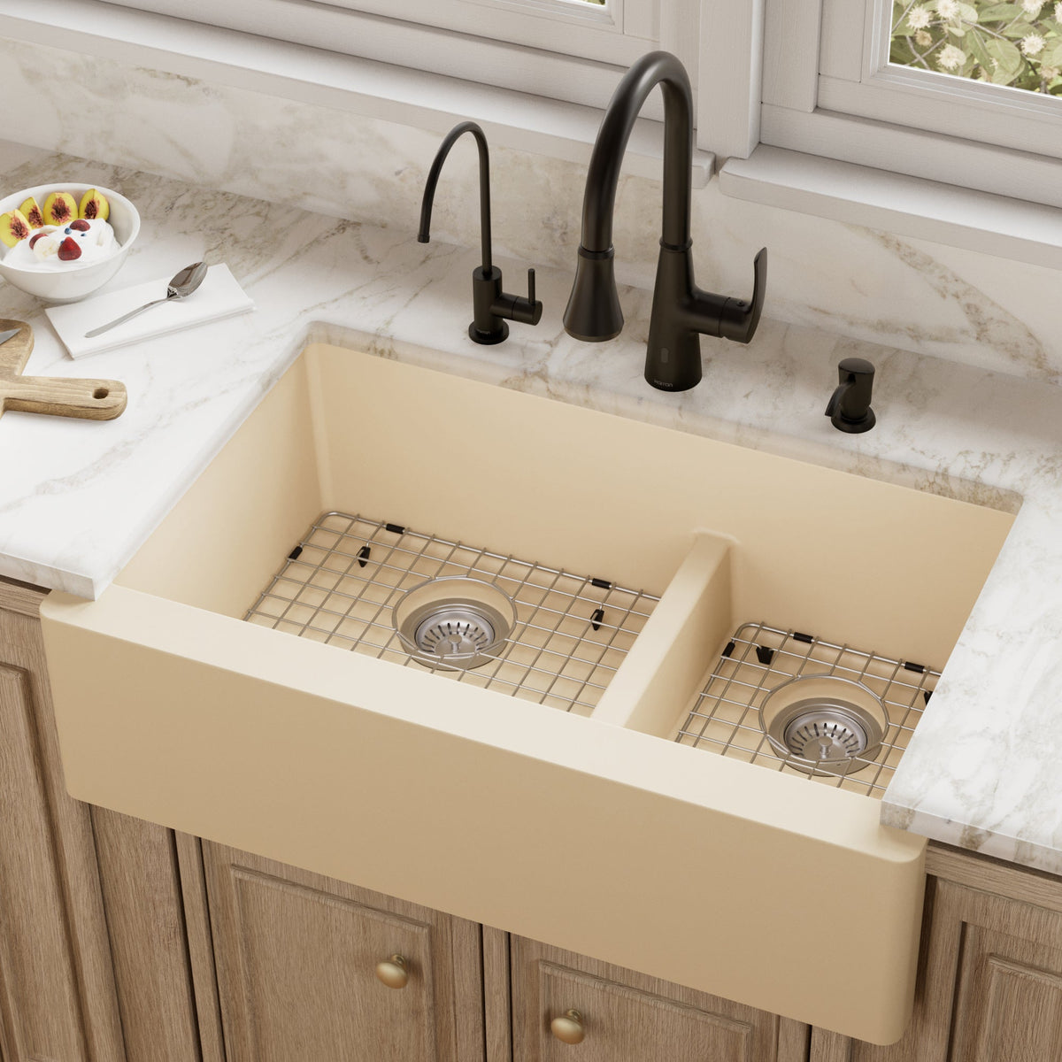 34" Farmhouse Double Offset Bowl Quartz Composite Kitchen Sink Kit In Bisque