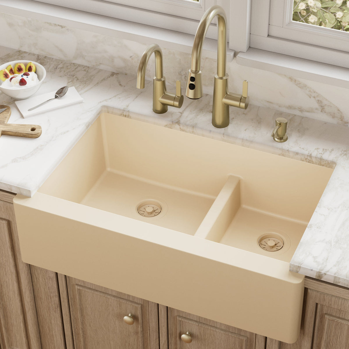 34" Farmhouse Double Offset Bowl Quartz Composite Kitchen Sink In Bisque