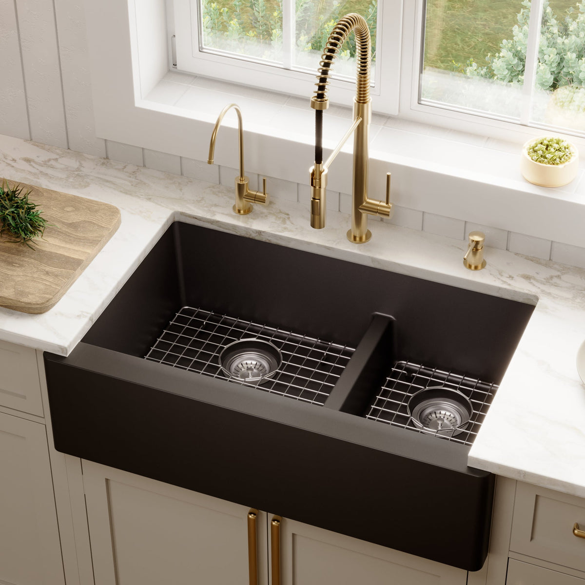 34" Farmhouse Double Offset Bowl Quartz Composite Kitchen Sink Kit In Black