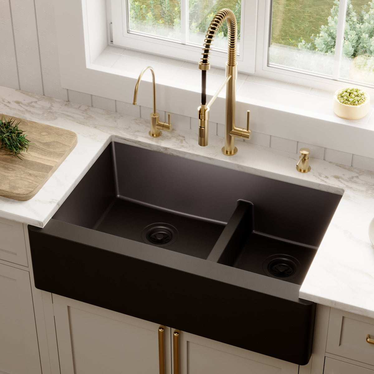 34" Farmhouse Double Offset Bowl Quartz Composite Kitchen Sink In Black