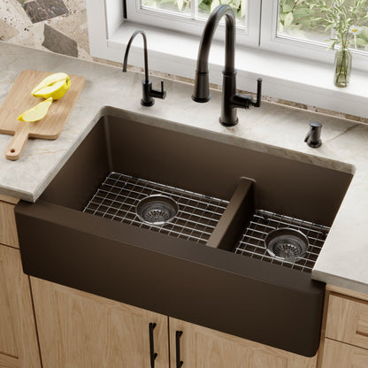 34" Farmhouse Double Offset Bowl Quartz Composite Kitchen Sink Kit In Brown