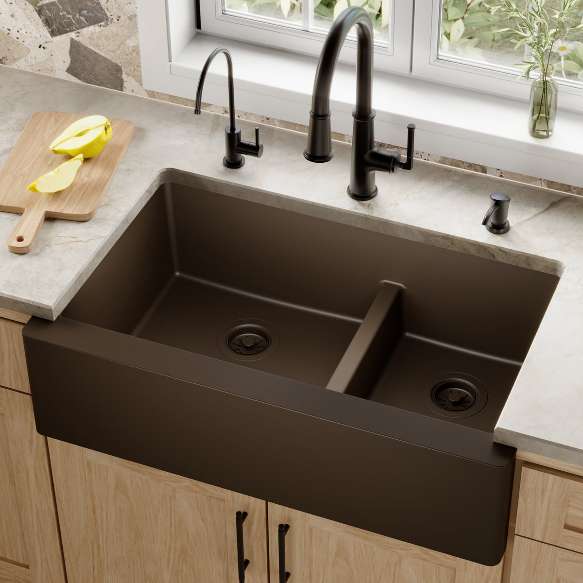 34" Farmhouse Double Offset Bowl Quartz Composite Kitchen Sink In Brown
