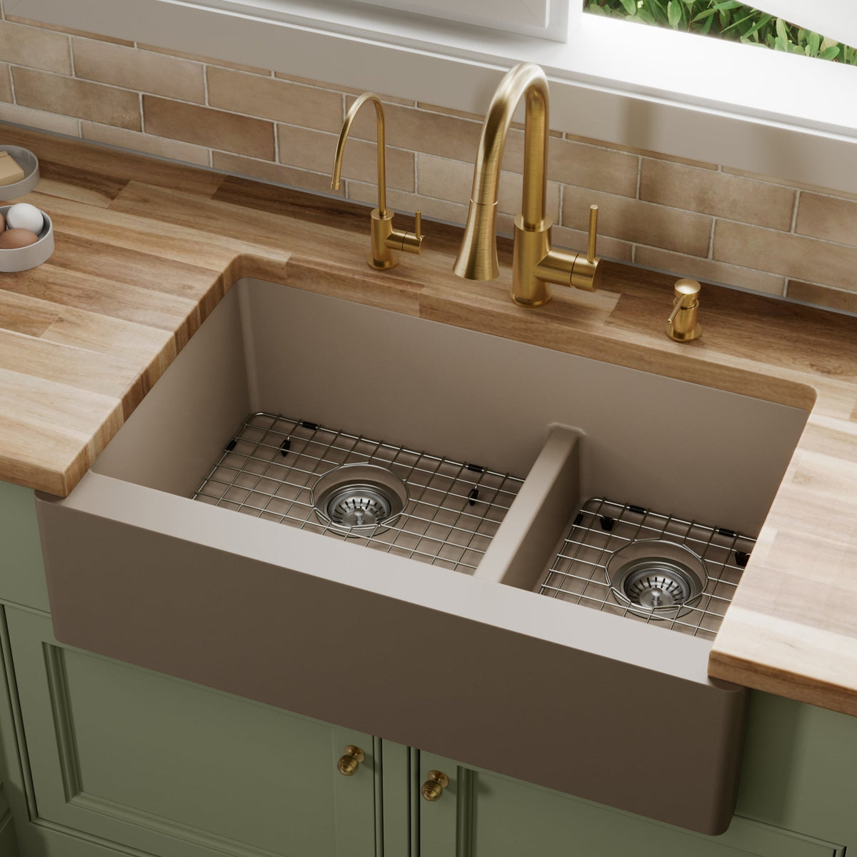 34" Farmhouse Double Offset Bowl Quartz Composite Kitchen Sink Kit In Concrete