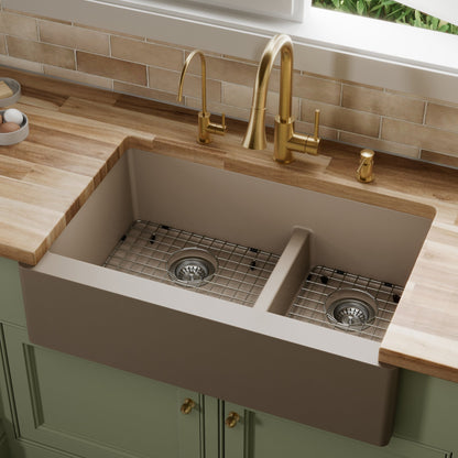 34" Farmhouse Double Offset Bowl Quartz Composite Kitchen Sink Kit In Concrete