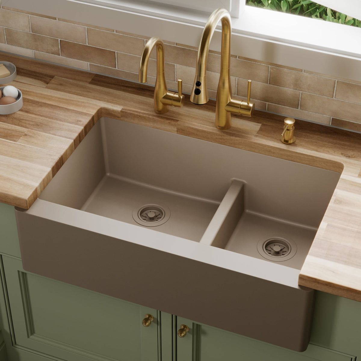 34" Farmhouse Double Offset Bowl Quartz Composite Kitchen Sink In Concrete
