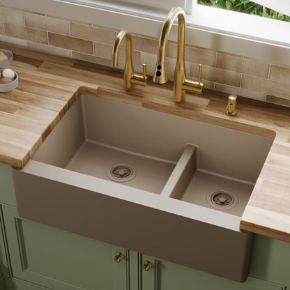 34" Farmhouse Double Offset Bowl Quartz Composite Kitchen Sink In Concrete