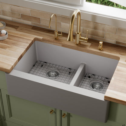 34" Farmhouse Double Offset Bowl Quartz Composite Kitchen Sink Kit In Grey