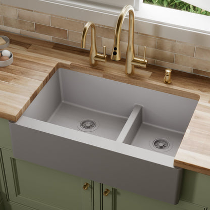 34" Farmhouse Double Offset Bowl Quartz Composite Kitchen Sink In Grey