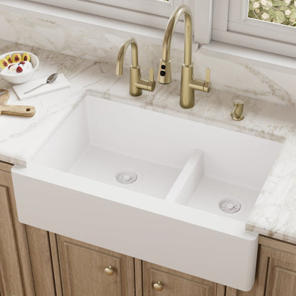 34" Farmhouse Double Offset Bowl Quartz Composite Kitchen Sink In White