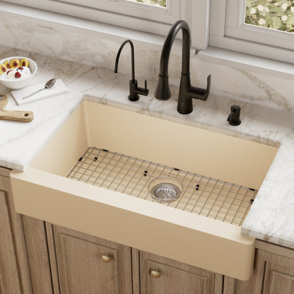 34"" Retrofit Farmhouse Large Single Bowl Quartz Composite Kitchen Sink Kit In Bisque